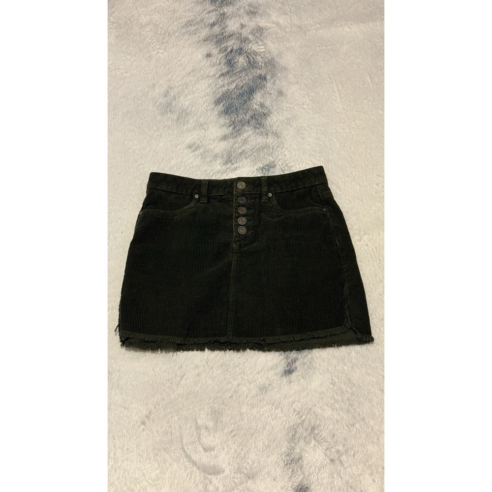 Indigo Rein Dark Khaki Brown Green Corduroy Skirt Raw Hem Button Fly Size 26